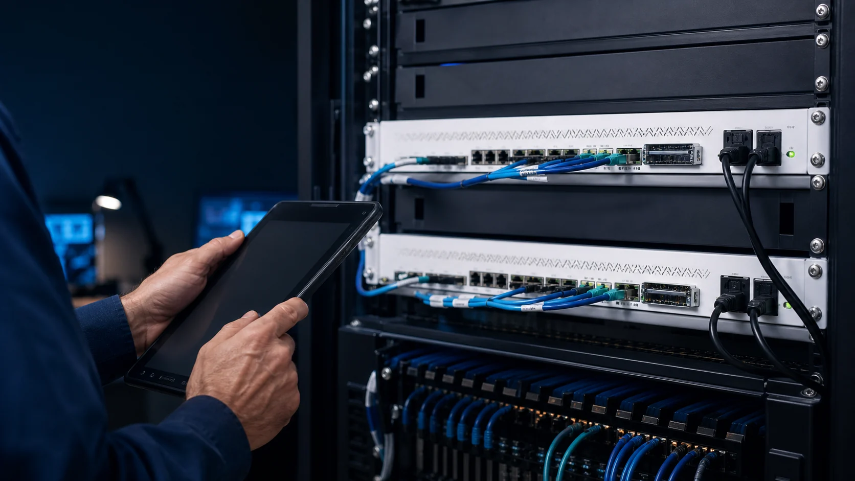 Representación editorial de revisión técnica sobre dos equipos MikroTik CCR redundantes